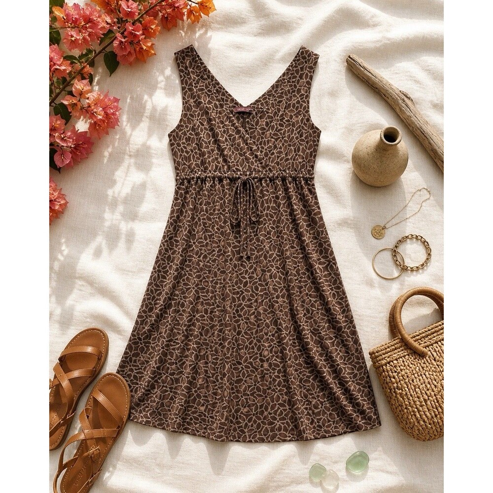 Fresh Produce Tie Waist Dress Sleeveless Rayon Stretch Brown Boho USA Made S
